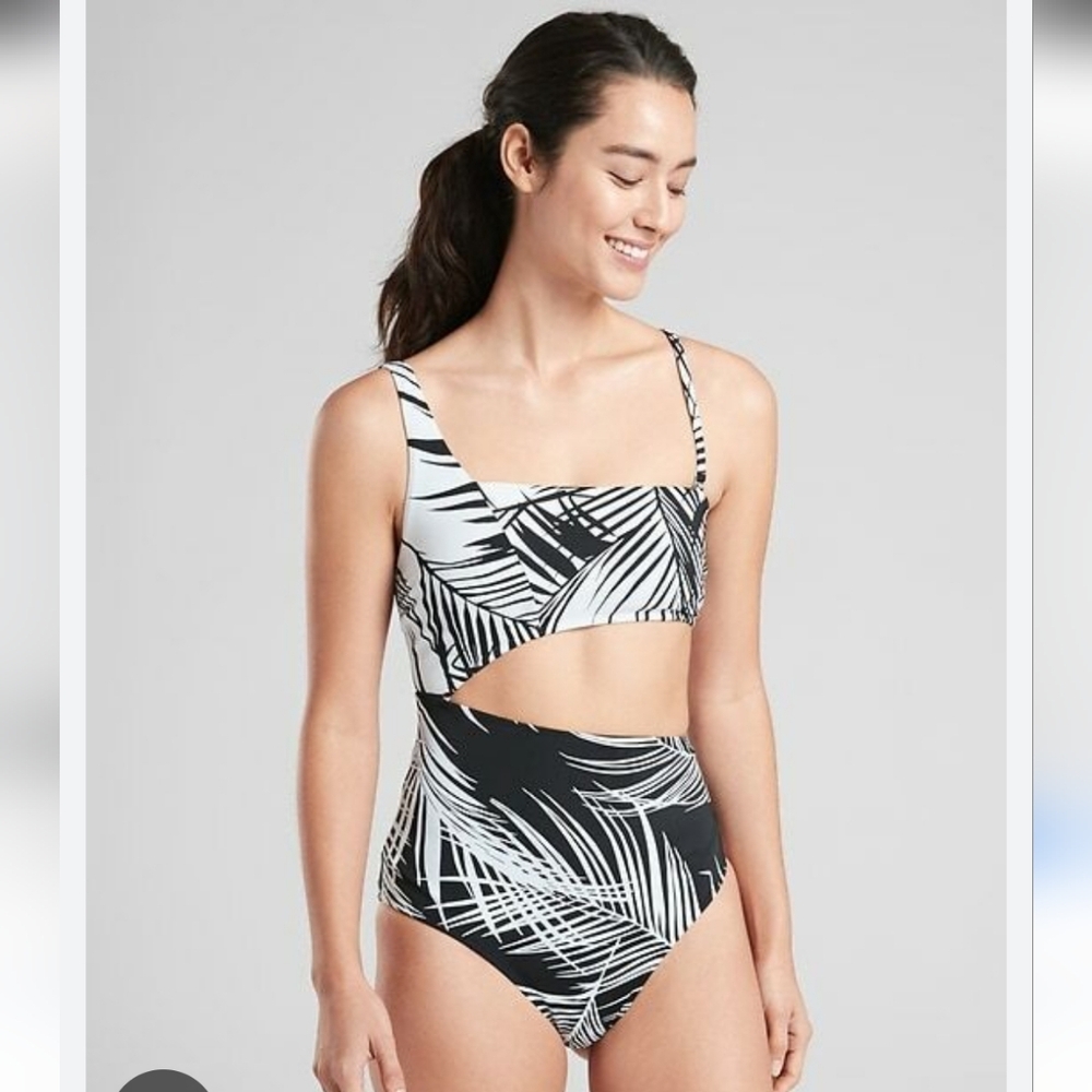 Athleta Bathing Suit Cut Out Side Adjustable Strap Black White Medium